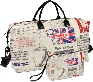 Travel Bag Set Retro Newspaper London Quilted Gym Duffel Bag Overnight Weekender Bags