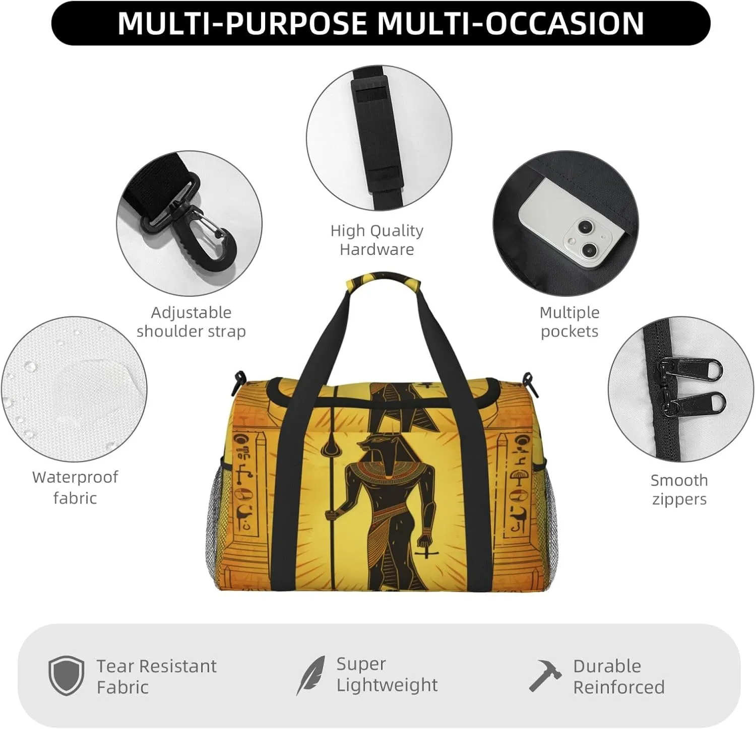 Travel Duffel Bag For Men Women, Ancient Egypt Murals Anubis Carry On Sport Gym Bag With Shoulder Strap Lightweight Waterproof Weekender Bag Overnight Bag