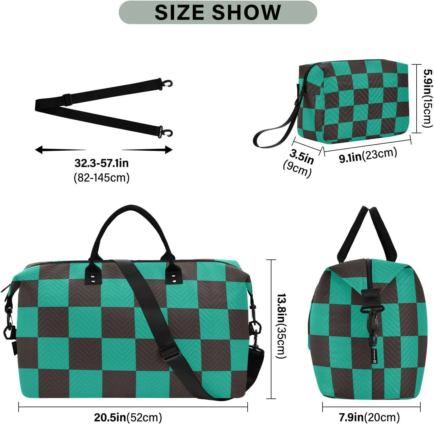 Travel Duffel Bags, Checkered Plaid Green Large Capacity Weekender Bags, Weekender Overnight Bag with Toiletry Bag, Gym Duffel Bag with Women and Men