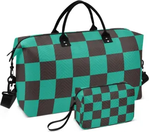 Travel Duffel Bags, Checkered Plaid Green Large Capacity Weekender Bags, Weekender Overnight Bag with Toiletry Bag, Gym Duffel Bag with Women and Men