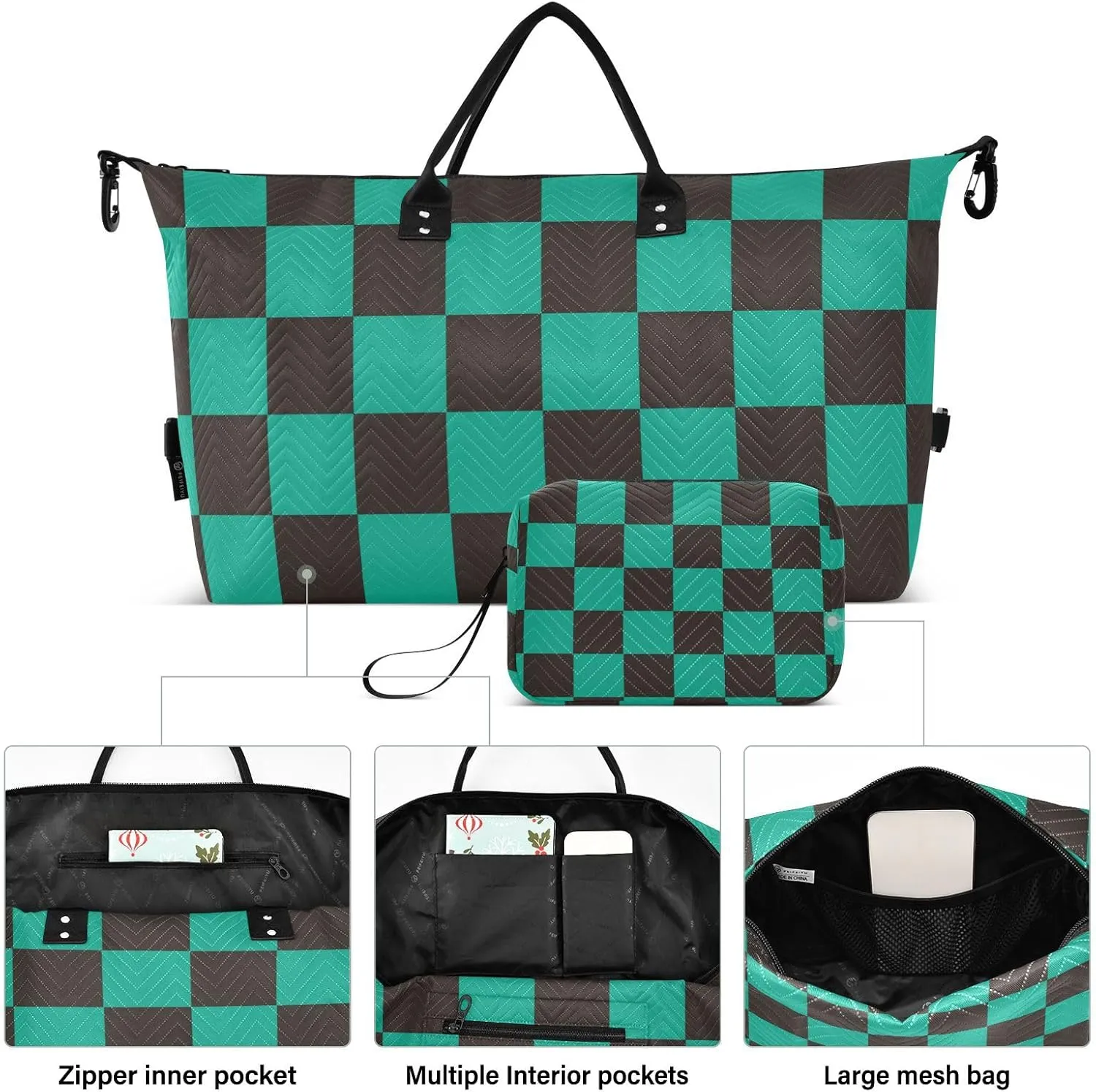 Travel Duffel Bags, Checkered Plaid Green Large Capacity Weekender Bags, Weekender Overnight Bag with Toiletry Bag, Gym Duffel Bag with Women and Men