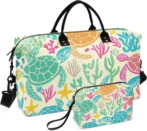 Travel Duffle Bag, Colorful Seaweed Turtles Gym Bag with Storage Bag Weekender Overnight Bag for Men Women Trip Sports Yoga