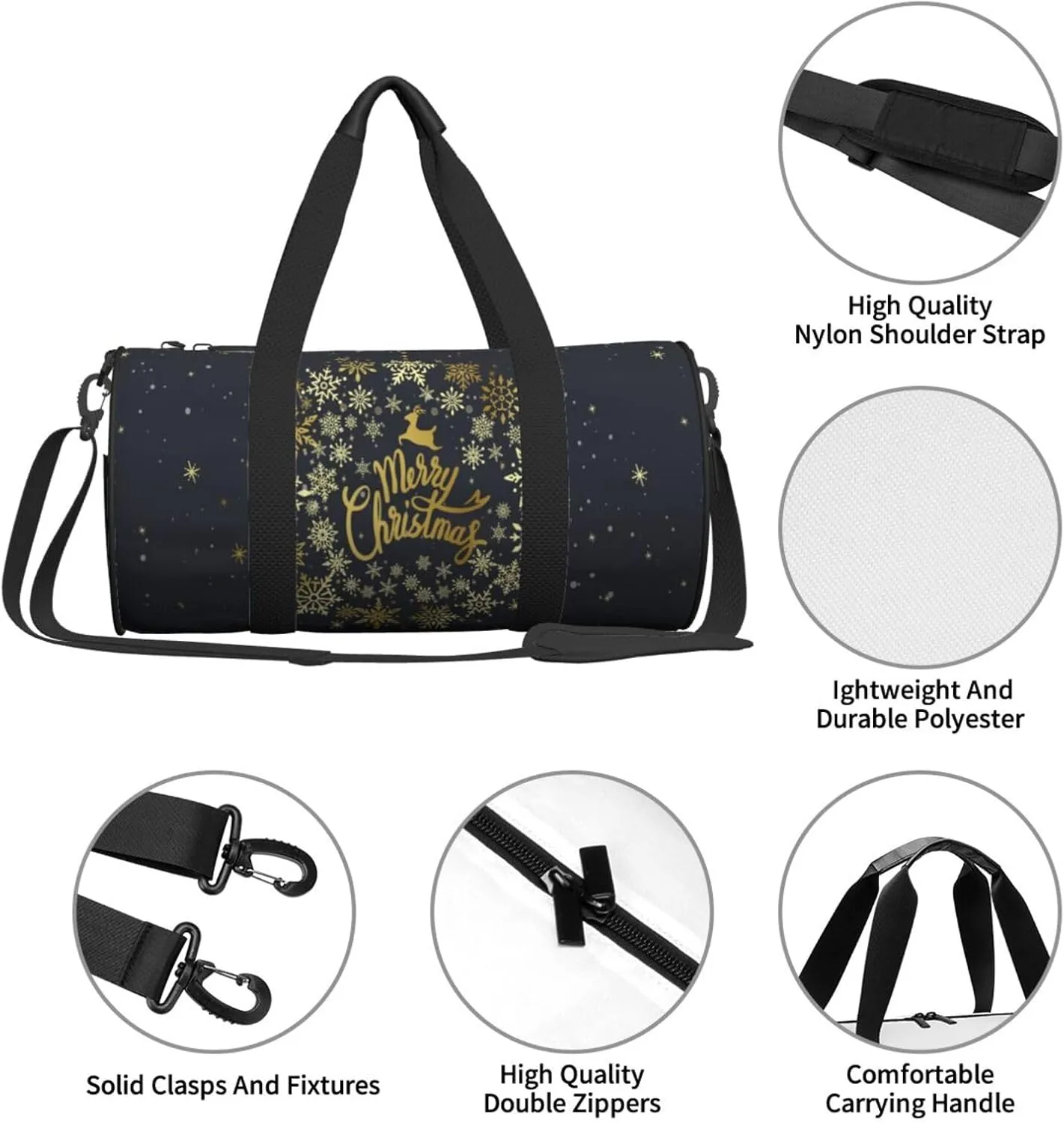 Travel Duffle Bag for Men Women, Merry Christmas Gold Duffle Bags for Sport Gym Overnight Luggage