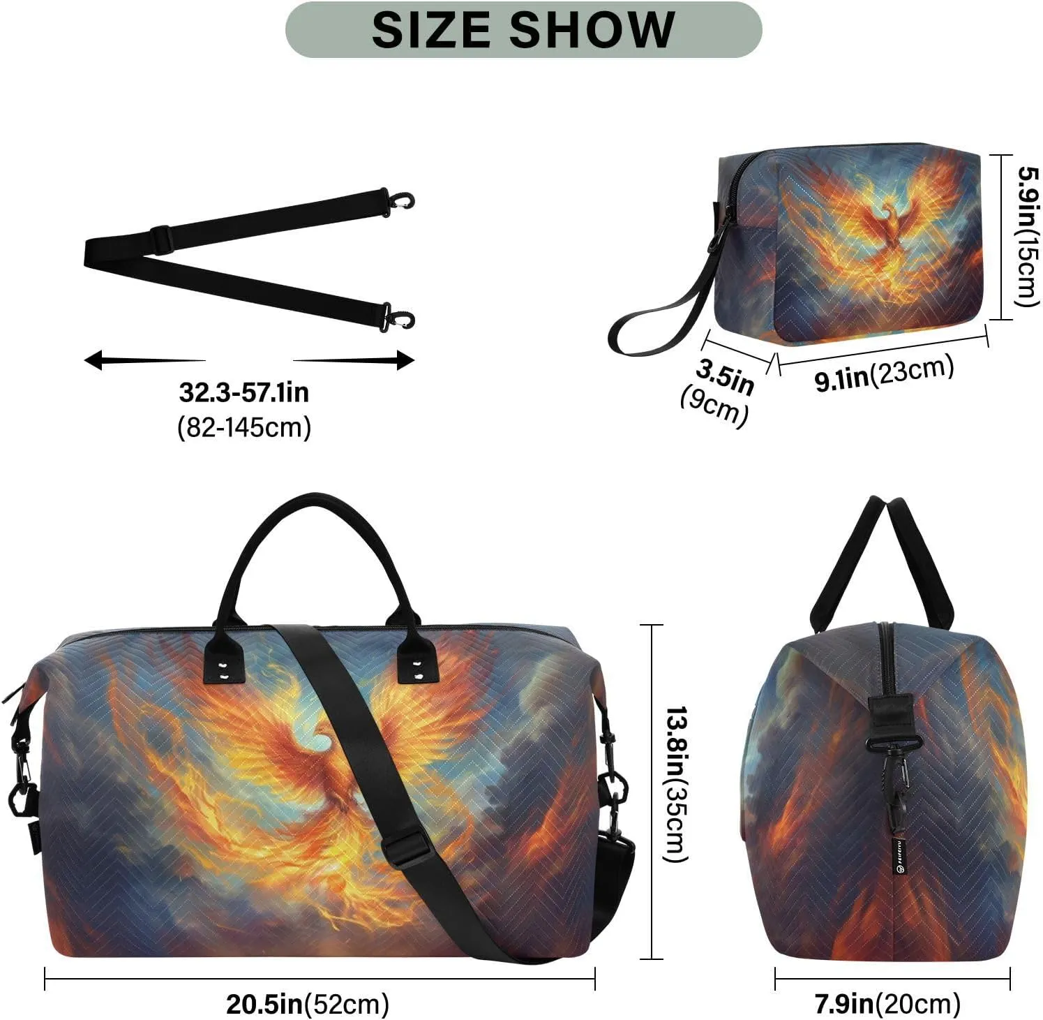 Travel Duffle Bag Gym Bag, Reborn Fire Phoenix Weekender Bags for Women with Toiletry Bag Travel Tote Bag Swim Bag