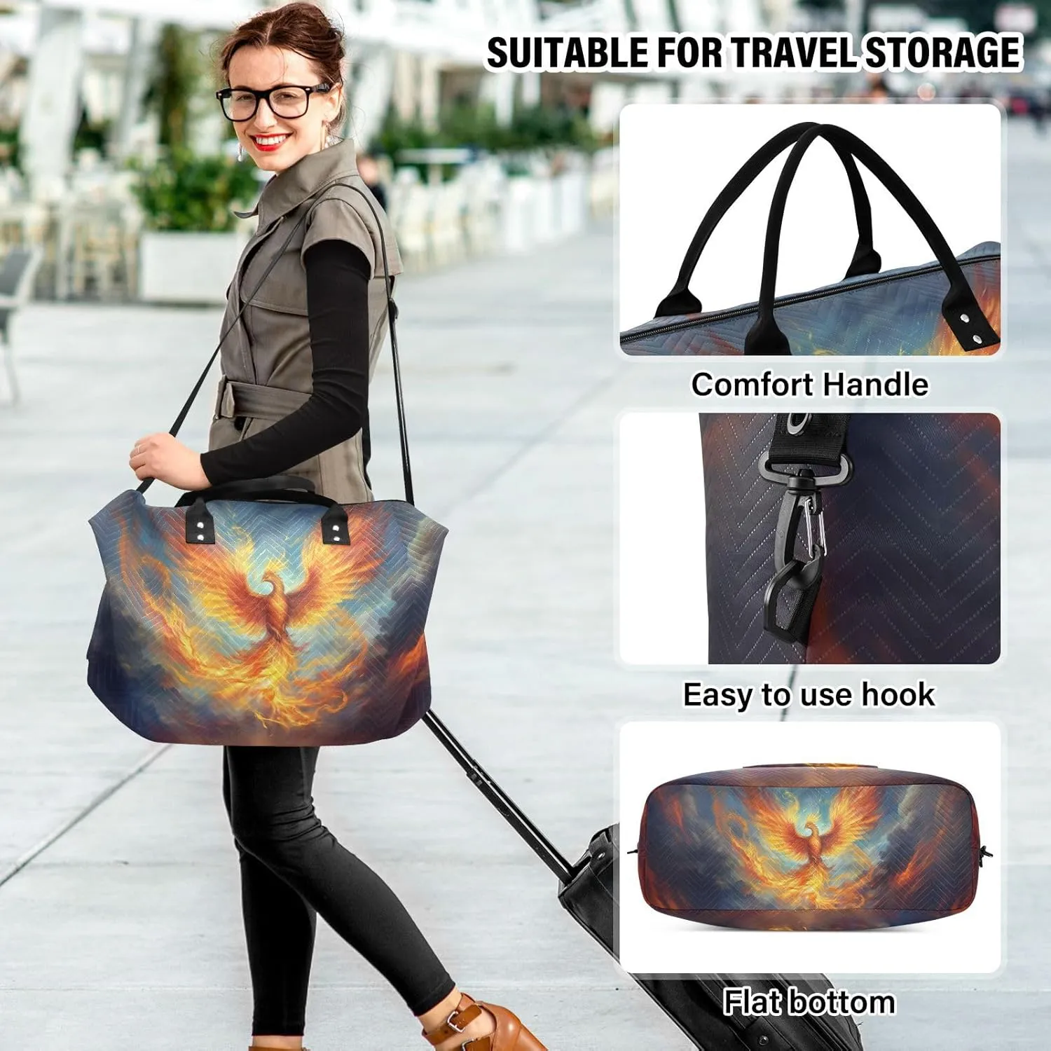 Travel Duffle Bag Gym Bag, Reborn Fire Phoenix Weekender Bags for Women with Toiletry Bag Travel Tote Bag Swim Bag