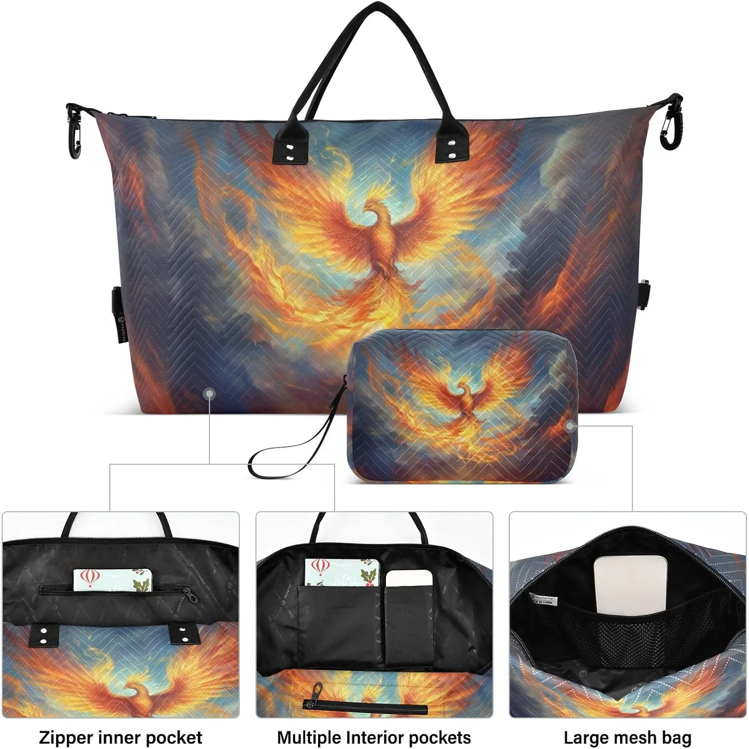 Travel Duffle Bag Gym Bag, Reborn Fire Phoenix Weekender Bags for Women with Toiletry Bag Travel Tote Bag Swim Bag