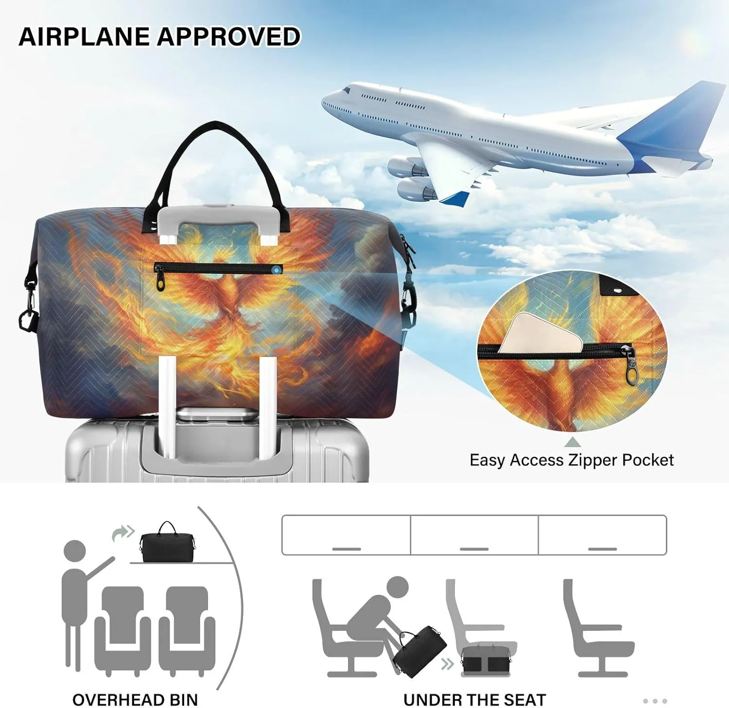 Travel Duffle Bag Gym Bag, Reborn Fire Phoenix Weekender Bags for Women with Toiletry Bag Travel Tote Bag Swim Bag