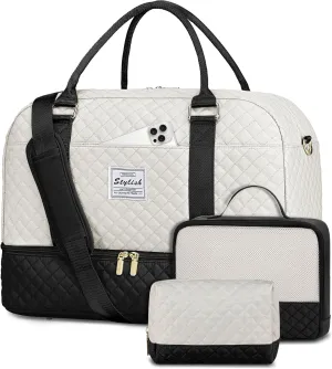 Travel Duffle Weekender Bags for Women: Overnight Bag with Shoe Compartment Carry On Bags with Toiletry & Wet Pocket Large Tote Hospital for Women Labor Delivery Black White