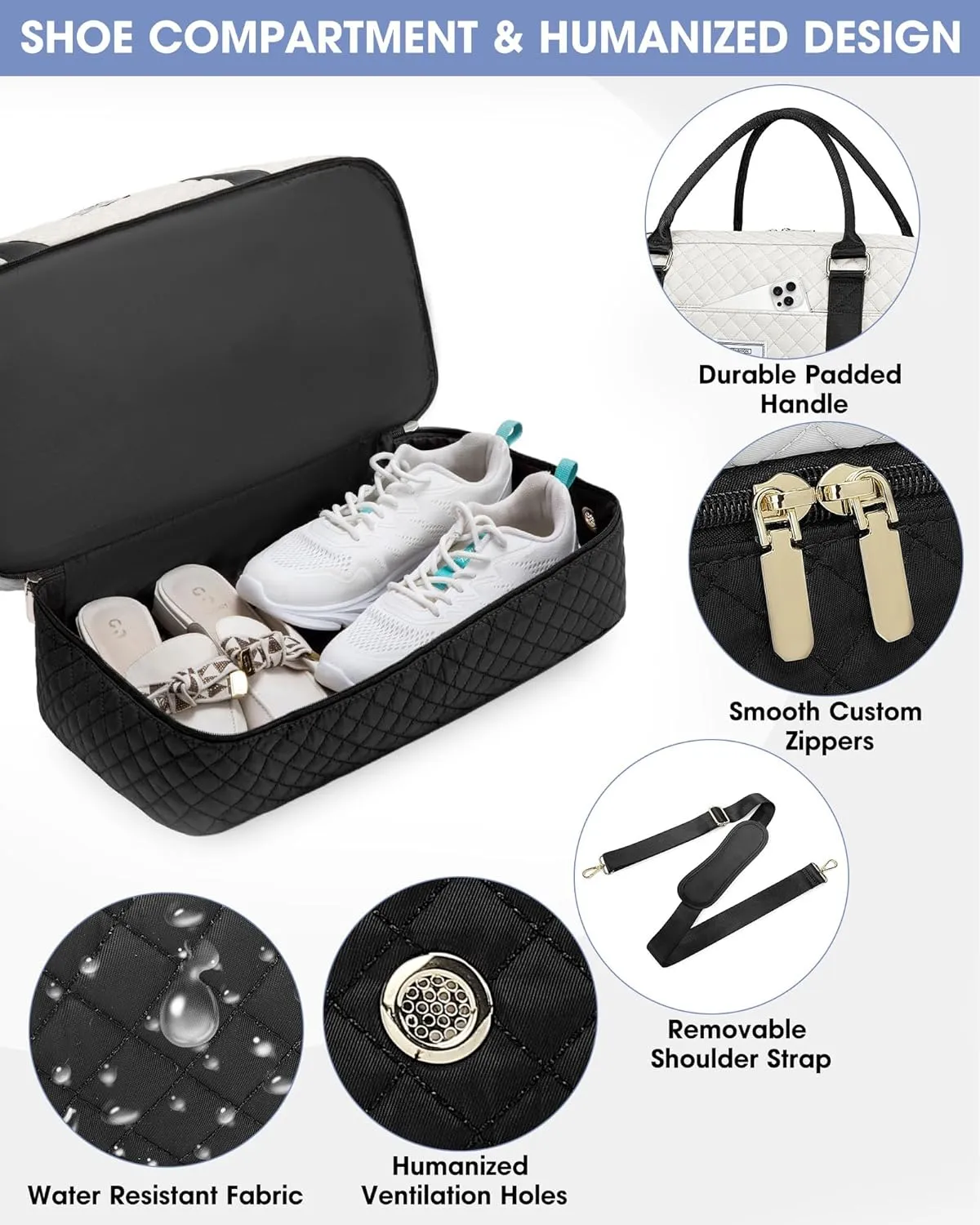 Travel Duffle Weekender Bags for Women: Overnight Bag with Shoe Compartment Carry On Bags with Toiletry & Wet Pocket Large Tote Hospital for Women Labor Delivery Black White