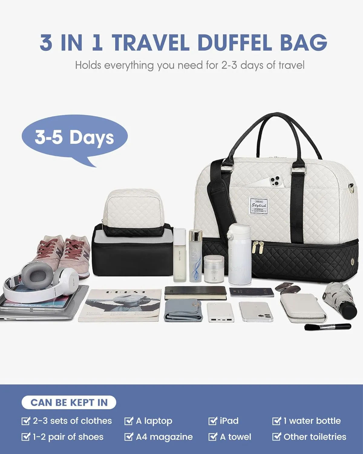 Travel Duffle Weekender Bags for Women: Overnight Bag with Shoe Compartment Carry On Bags with Toiletry & Wet Pocket Large Tote Hospital for Women Labor Delivery Black White