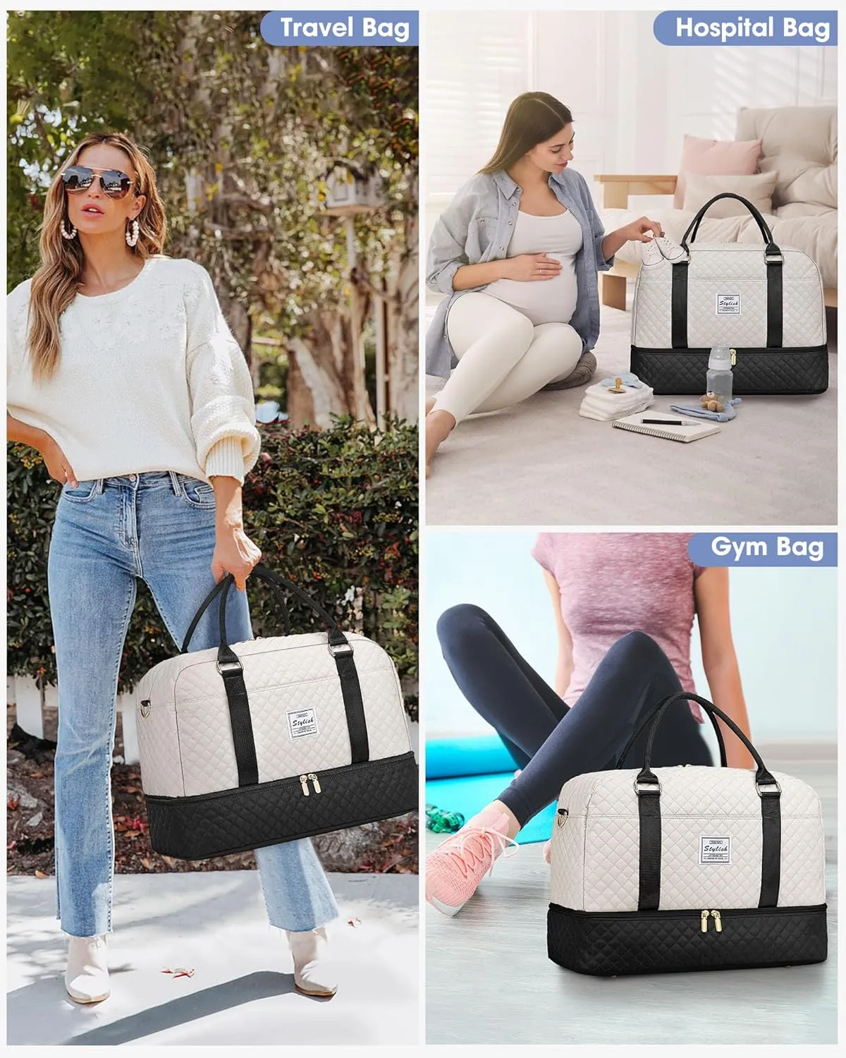 Travel Duffle Weekender Bags for Women: Overnight Bag with Shoe Compartment Carry On Bags with Toiletry & Wet Pocket Large Tote Hospital for Women Labor Delivery Black White
