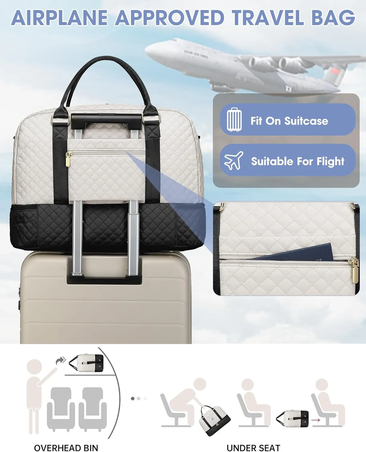 Travel Duffle Weekender Bags for Women: Overnight Bag with Shoe Compartment Carry On Bags with Toiletry & Wet Pocket Large Tote Hospital for Women Labor Delivery Black White
