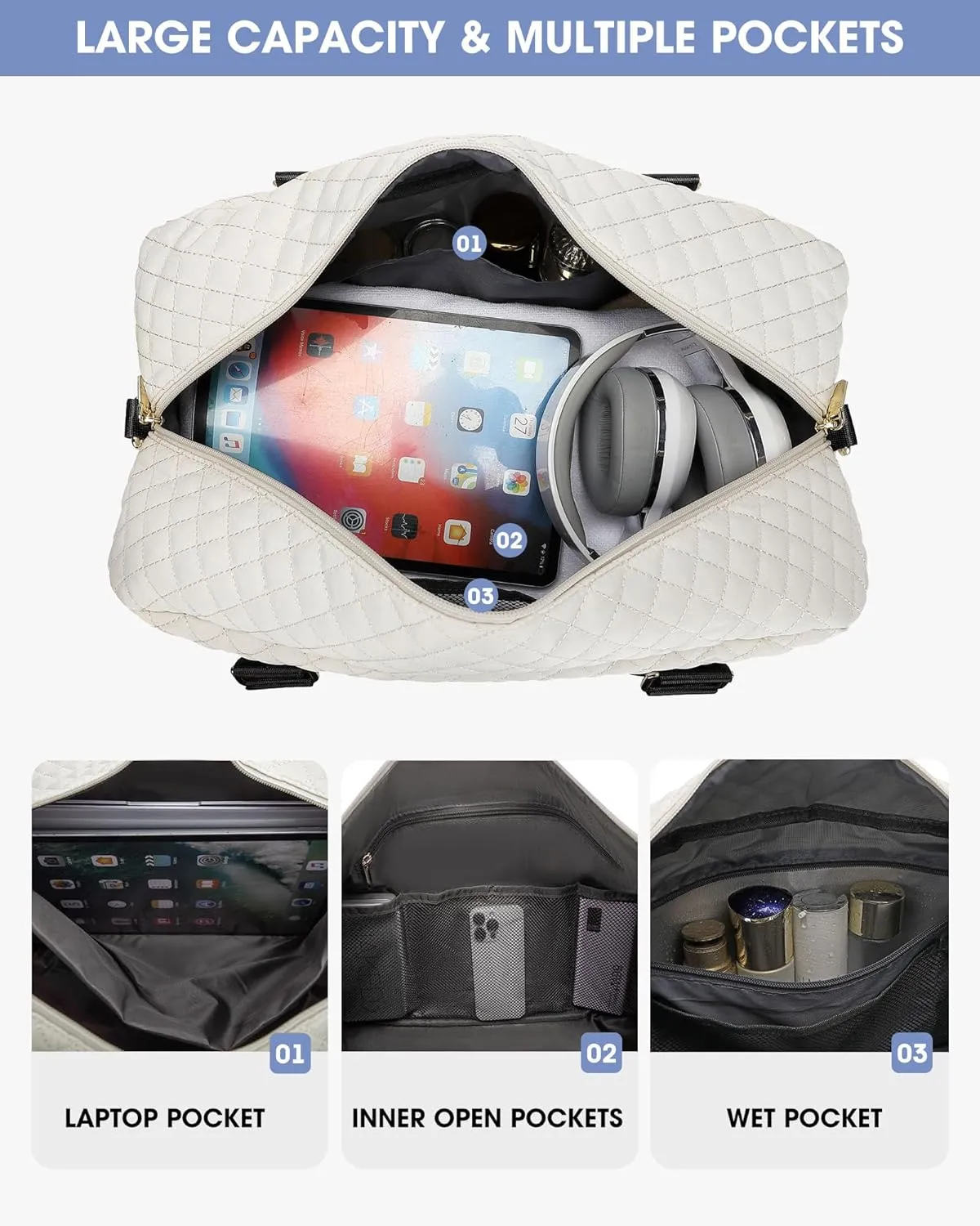 Travel Duffle Weekender Bags for Women: Overnight Bag with Shoe Compartment Carry On Bags with Toiletry & Wet Pocket Large Tote Hospital for Women Labor Delivery Black White