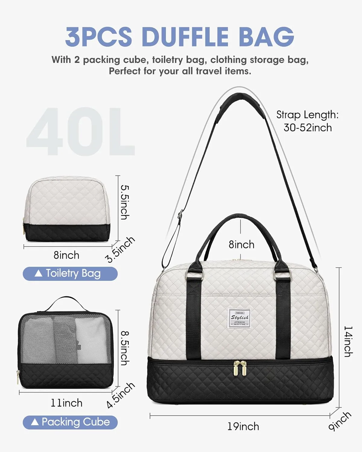 Travel Duffle Weekender Bags for Women: Overnight Bag with Shoe Compartment Carry On Bags with Toiletry & Wet Pocket Large Tote Hospital for Women Labor Delivery Black White