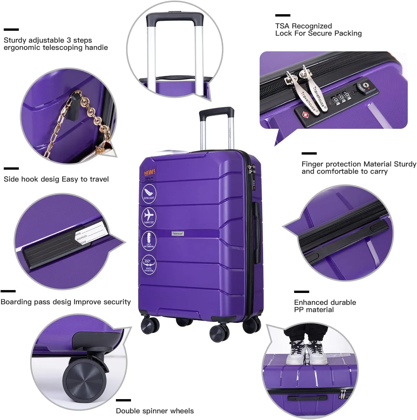 Travelhouse Luggage Set 3piece, Wear-Resistance Hardshell Ligthwegt Spinner Wheels Suitcase Set with Tsa Lock, PP Carry on luggage(20" 24" 28") for men and women (Purple 31)