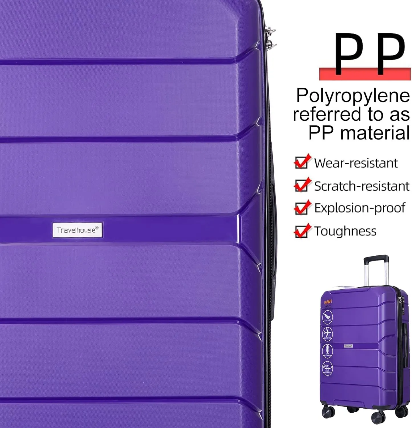 Travelhouse Luggage Set 3piece, Wear-Resistance Hardshell Ligthwegt Spinner Wheels Suitcase Set with Tsa Lock, PP Carry on luggage(20" 24" 28") for men and women (Purple 31)