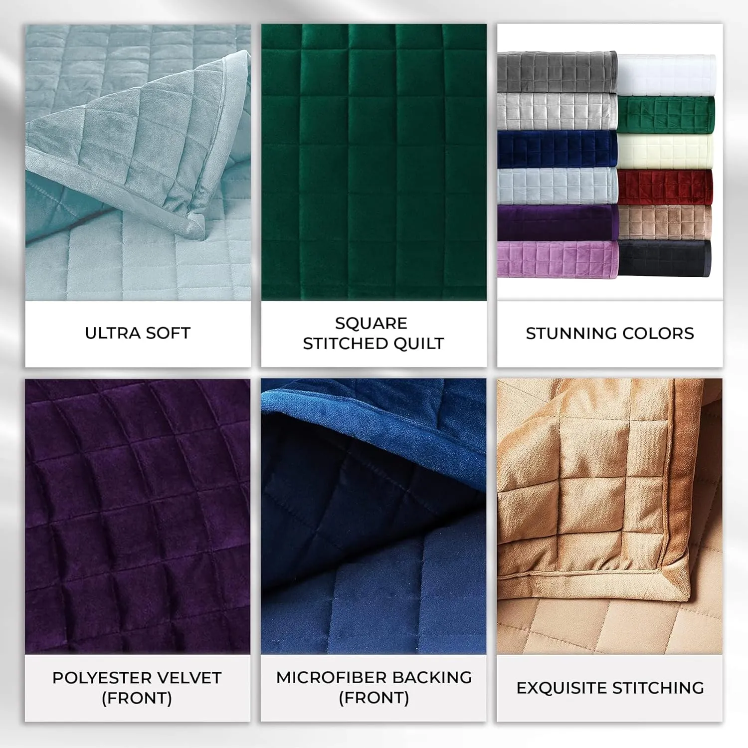 Tribeca Living Velvet Queen Quilt Set, Three-Piece Box Stitch Bedding Set Includes One Oversized Quilt & Two Sham Pillowcases, 260GSM Super Soft Velvet, Florence/Haze Blue