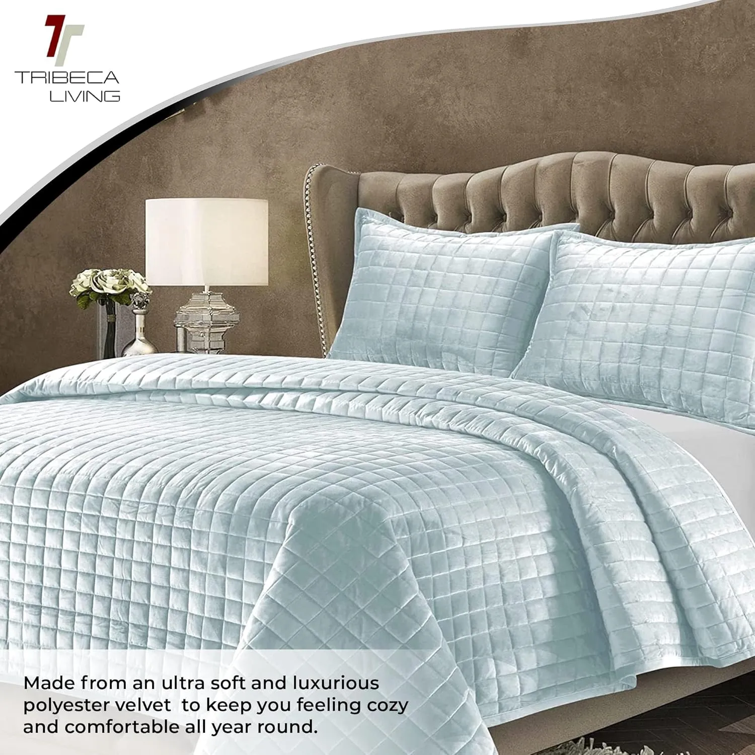 Tribeca Living Velvet Queen Quilt Set, Three-Piece Box Stitch Bedding Set Includes One Oversized Quilt & Two Sham Pillowcases, 260GSM Super Soft Velvet, Florence/Haze Blue