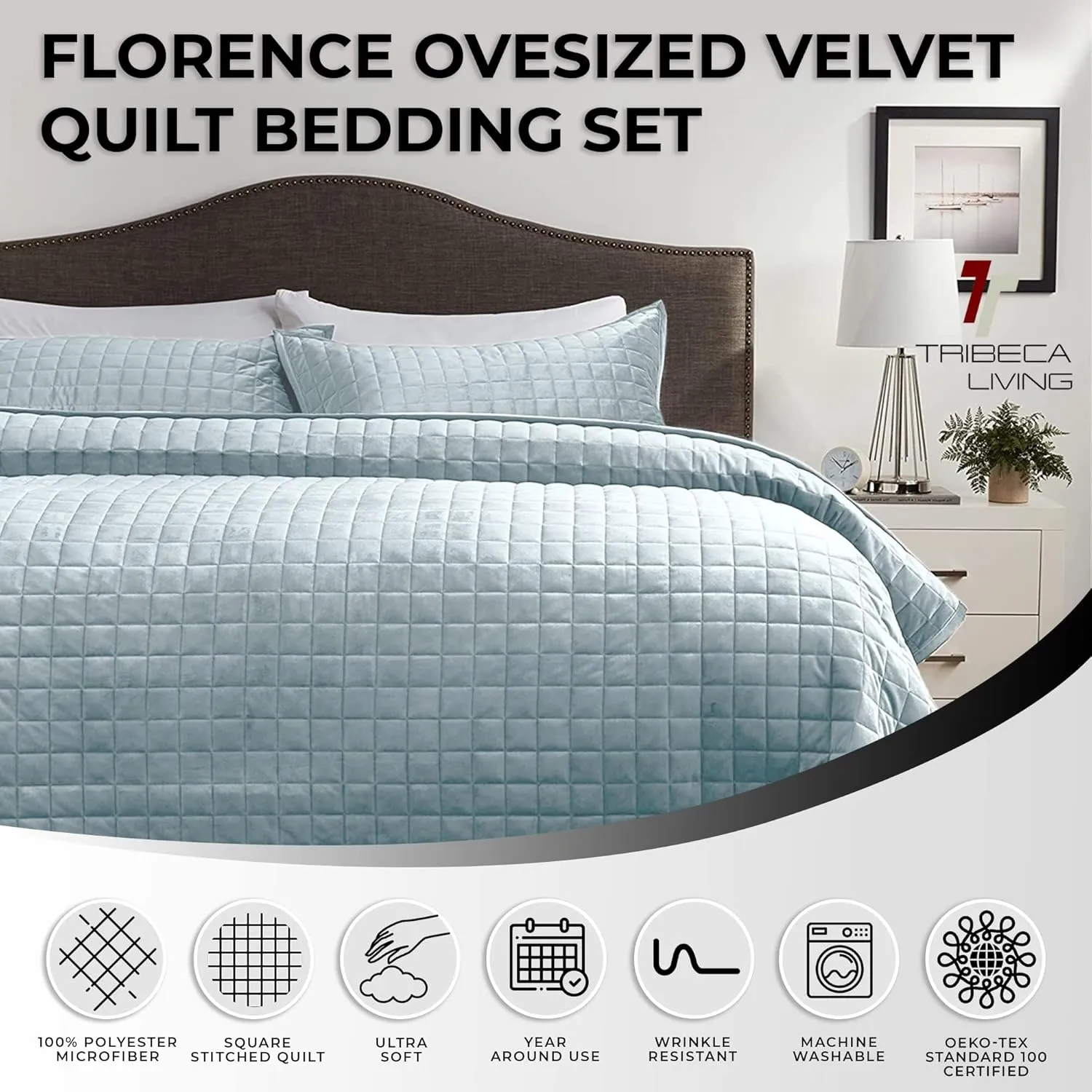 Tribeca Living Velvet Queen Quilt Set, Three-Piece Box Stitch Bedding Set Includes One Oversized Quilt & Two Sham Pillowcases, 260GSM Super Soft Velvet, Florence/Haze Blue