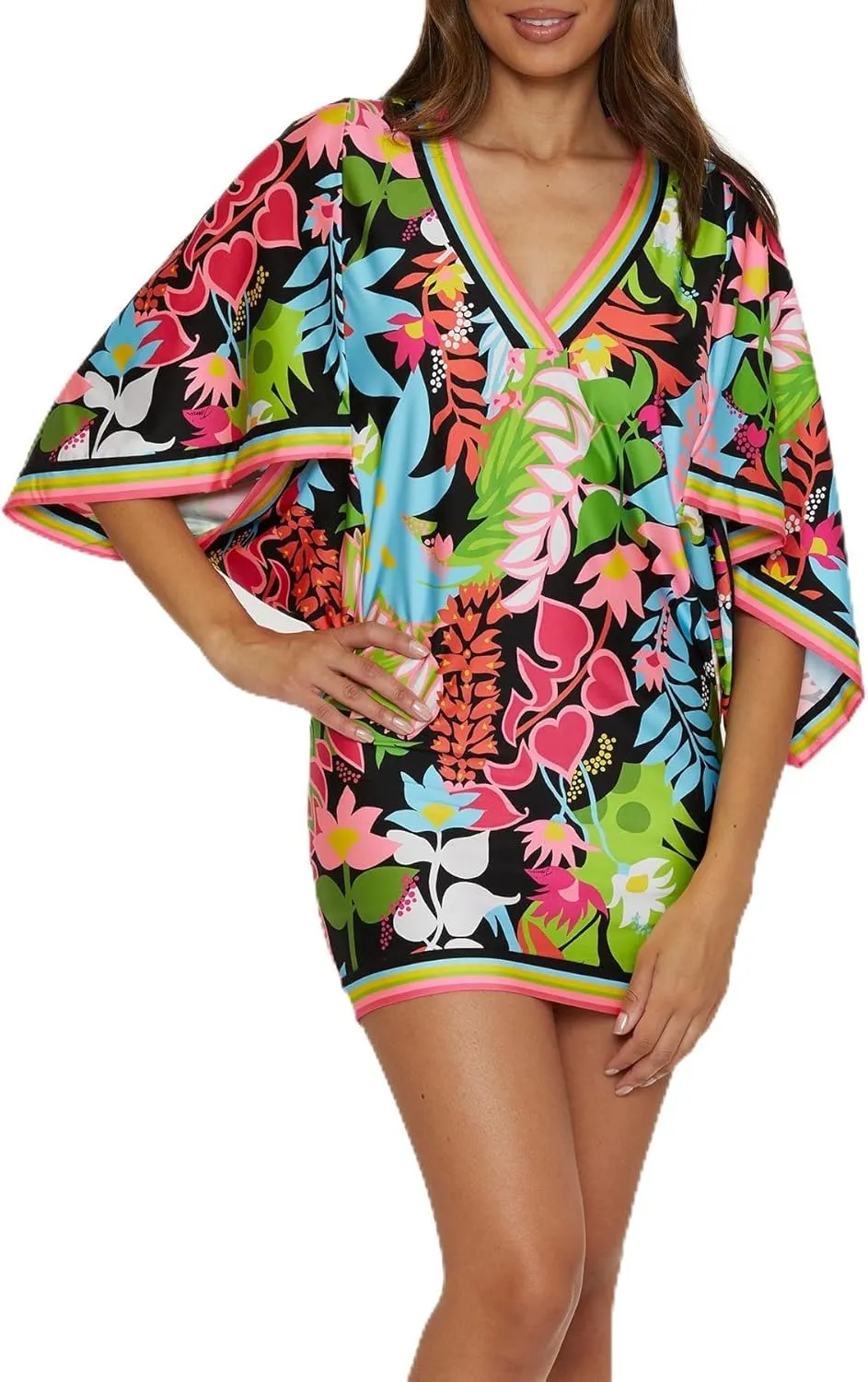 Trina Turk Women's Standard Tiki Casablanca Tunic, V-Neck, Floral Print, Casual, Beach Cover Ups