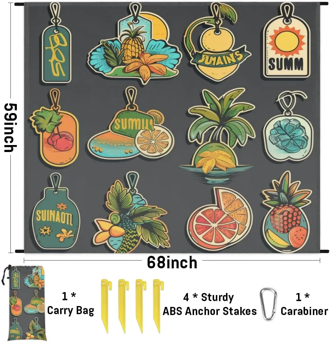 Tropical Beach Theme Beach Blanket, Sandproof Beach Mat, Adults Waterproof Quick Drying Sand Free Mat with 4 x Ground Spikes for Outdoor Travel Camping Hiking, Summer Themed