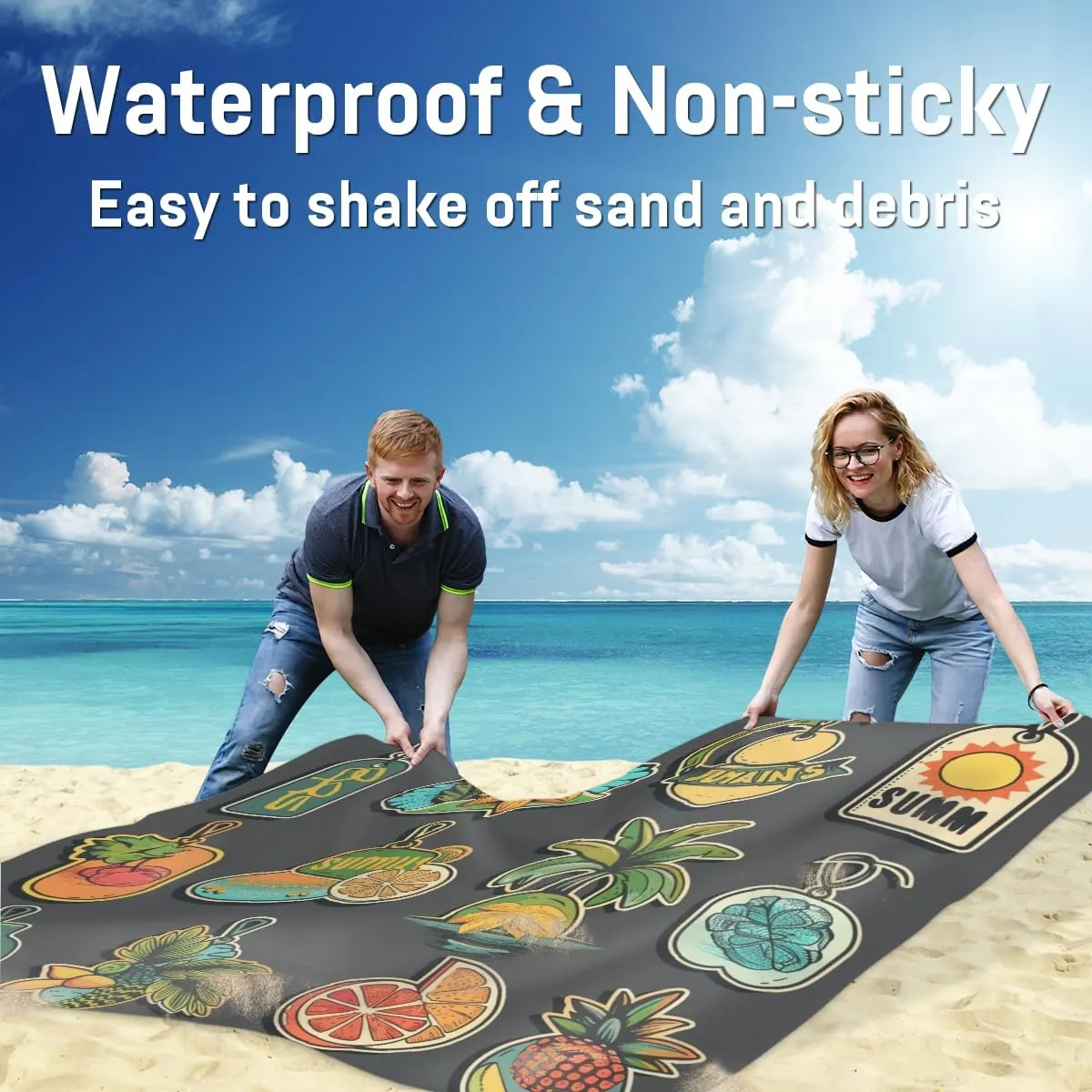 Tropical Beach Theme Beach Blanket, Sandproof Beach Mat, Adults Waterproof Quick Drying Sand Free Mat with 4 x Ground Spikes for Outdoor Travel Camping Hiking, Summer Themed