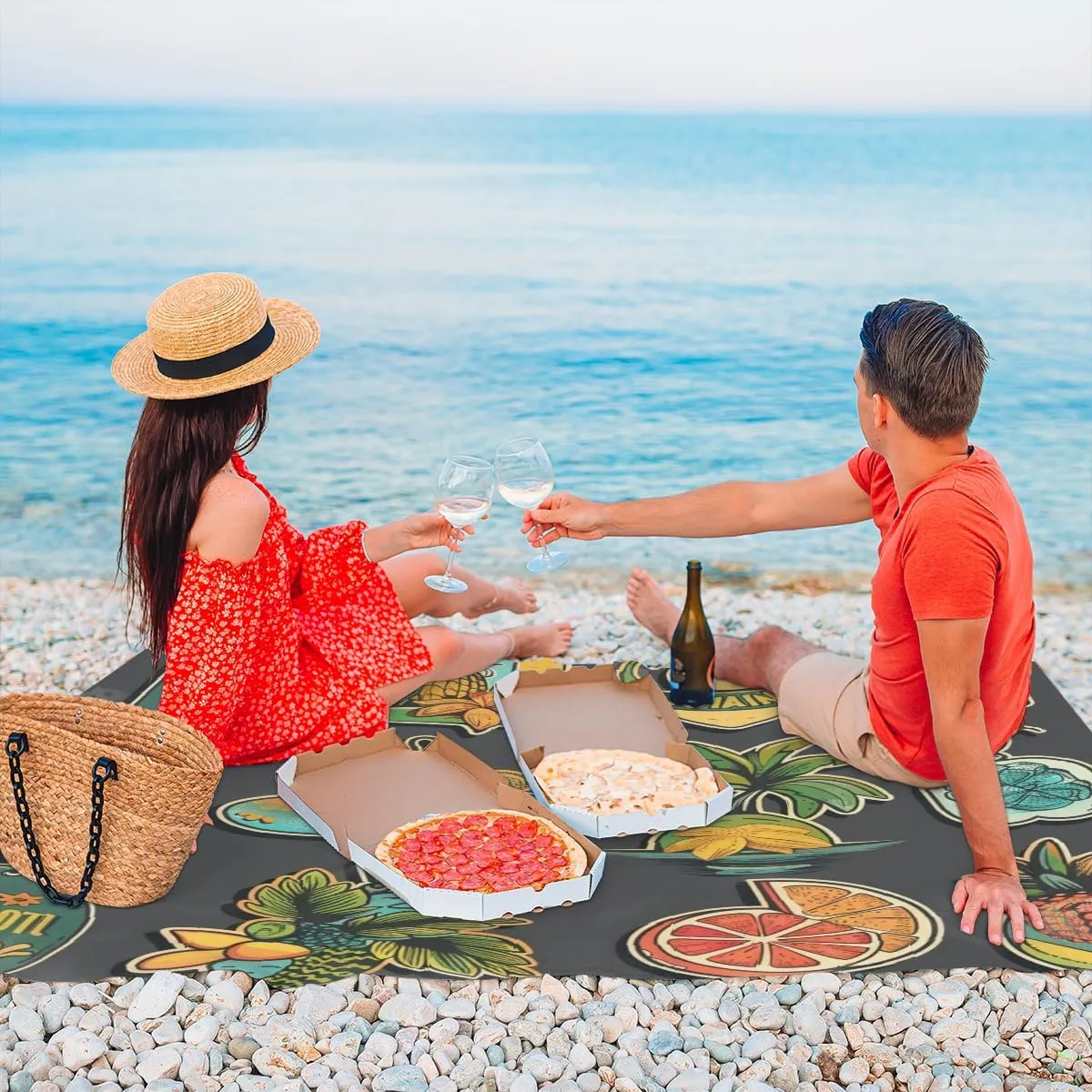 Tropical Beach Theme Beach Blanket, Sandproof Beach Mat, Adults Waterproof Quick Drying Sand Free Mat with 4 x Ground Spikes for Outdoor Travel Camping Hiking, Summer Themed