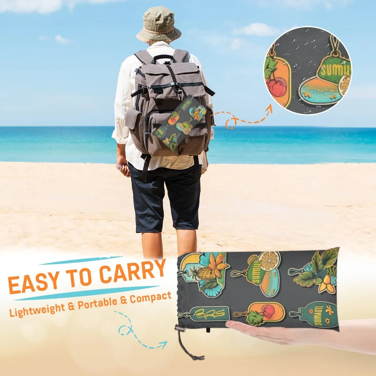 Tropical Beach Theme Beach Blanket, Sandproof Beach Mat, Adults Waterproof Quick Drying Sand Free Mat with 4 x Ground Spikes for Outdoor Travel Camping Hiking, Summer Themed