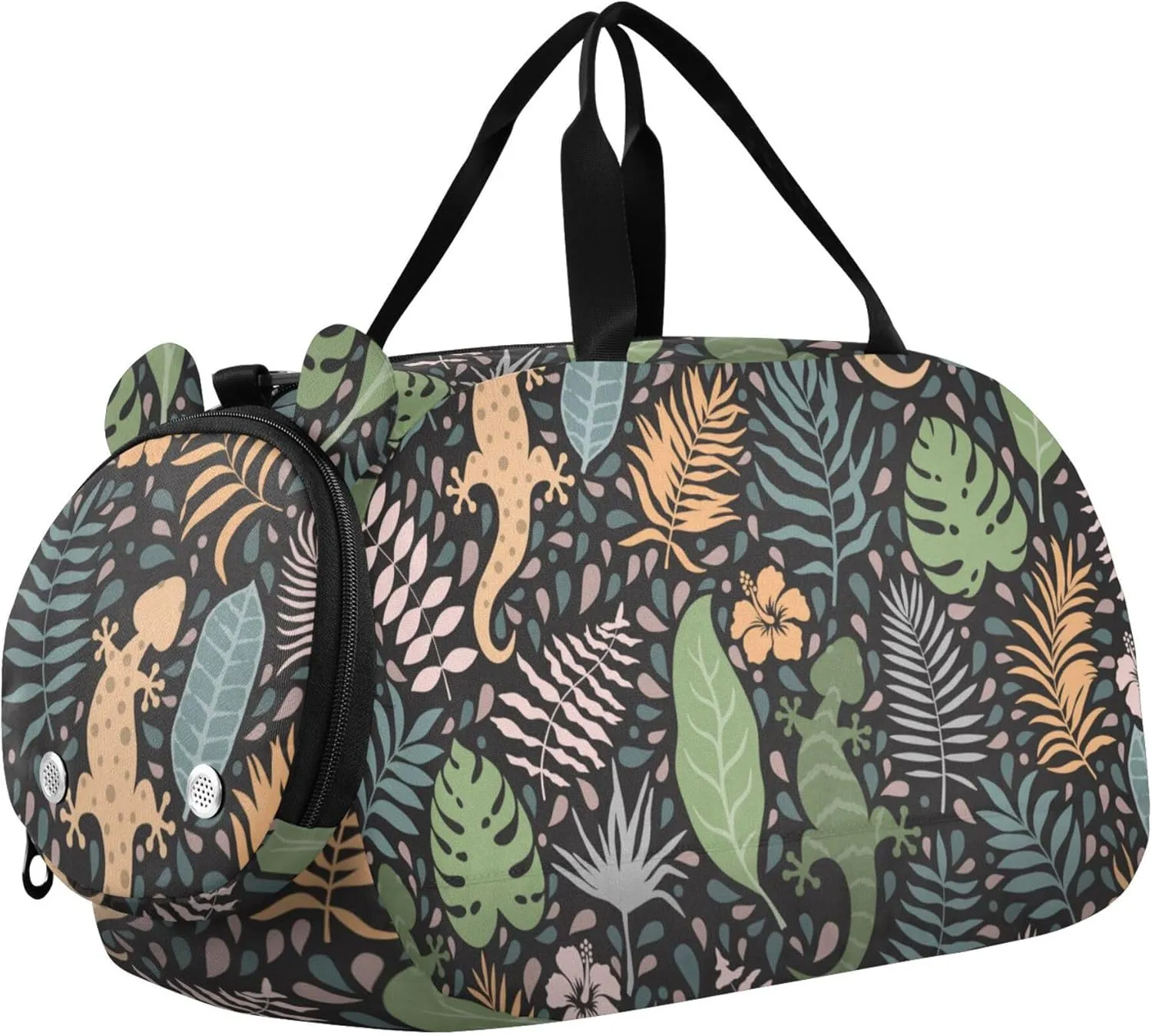 Tropical Palm Leaves and Gecko Lizards Sports Duffle Bag for Girls Boys, Gym Bag with Shoe Compartment, Kids Travel Overnight Weekender Shoulder Bag