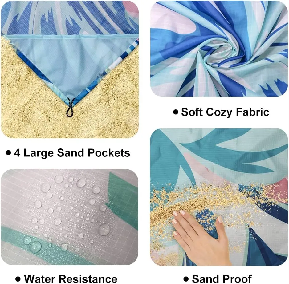 Tropical Palm Leaves Beach Blanket Sandproof Waterpoof Oversized 79"x 95" Pink and Blue Beach Mat with Corner Pockets, Lightweight Portable Mat for Beach Travel Picnic Camping Outdoor