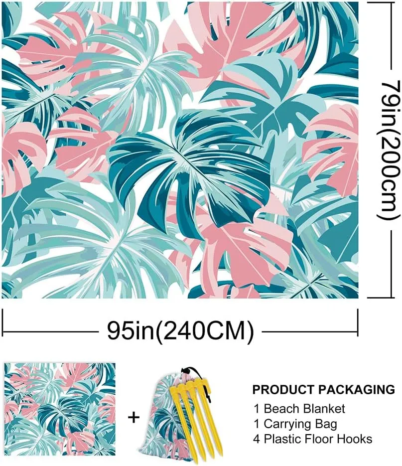 Tropical Palm Leaves Beach Blanket Sandproof Waterpoof Oversized 79"x 95" Pink and Blue Beach Mat with Corner Pockets, Lightweight Portable Mat for Beach Travel Picnic Camping Outdoor