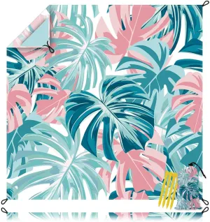Tropical Palm Leaves Beach Blanket Sandproof Waterpoof Oversized 79"x 95" Pink and Blue Beach Mat with Corner Pockets, Lightweight Portable Mat for Beach Travel Picnic Camping Outdoor