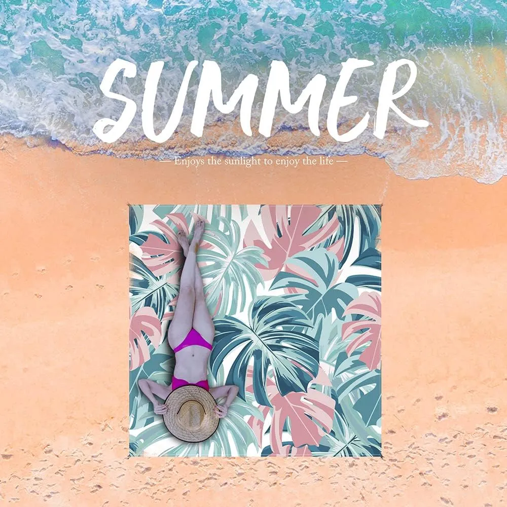 Tropical Palm Leaves Beach Blanket Sandproof Waterpoof Oversized 79"x 95" Pink and Blue Beach Mat with Corner Pockets, Lightweight Portable Mat for Beach Travel Picnic Camping Outdoor