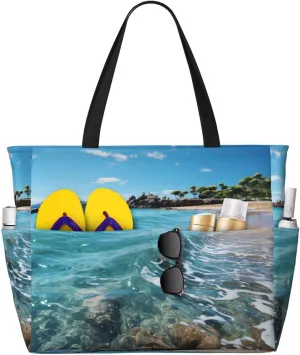 Tropical Summer Coastline Beach Bag, Waterproof Sandproof Beach Tote Pool Bag, Lightweight & Foldable Shoulder Bag For Beach Gym Travel Camping Shopping Family Vacation Essentials
