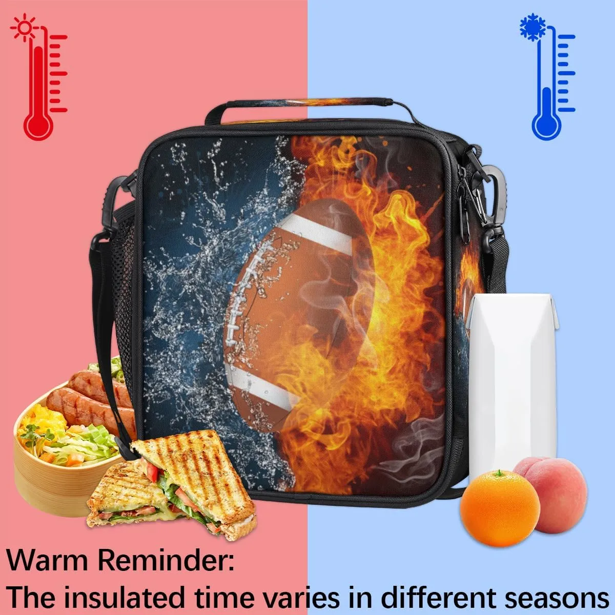 TropicalLife Football Kids Lunch Boxes, Fire Soccer Insulated Lunch Bag for Kids with Adjustable Shoulder Strap, School Lunch Box for Boys & Girls, Reusable Adults Lunch Tote for Work Travel