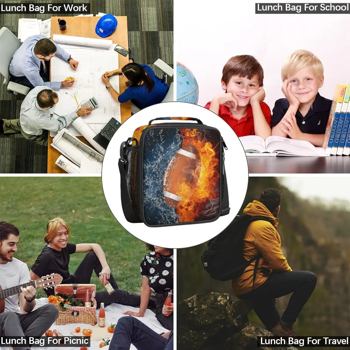 TropicalLife Football Kids Lunch Boxes, Fire Soccer Insulated Lunch Bag for Kids with Adjustable Shoulder Strap, School Lunch Box for Boys & Girls, Reusable Adults Lunch Tote for Work Travel