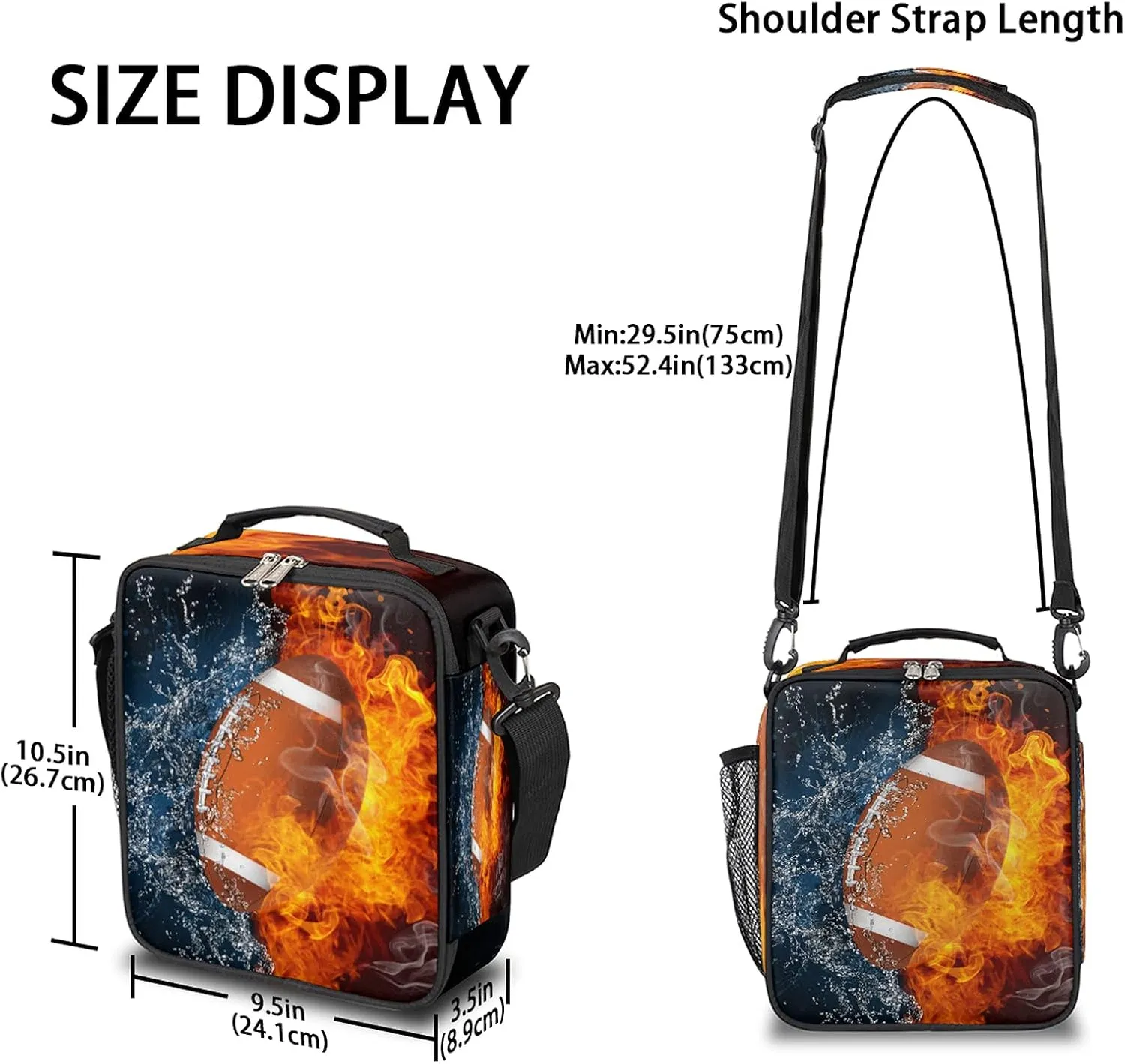 TropicalLife Football Kids Lunch Boxes, Fire Soccer Insulated Lunch Bag for Kids with Adjustable Shoulder Strap, School Lunch Box for Boys & Girls, Reusable Adults Lunch Tote for Work Travel