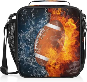TropicalLife Football Kids Lunch Boxes, Fire Soccer Insulated Lunch Bag for Kids with Adjustable Shoulder Strap, School Lunch Box for Boys & Girls, Reusable Adults Lunch Tote for Work Travel