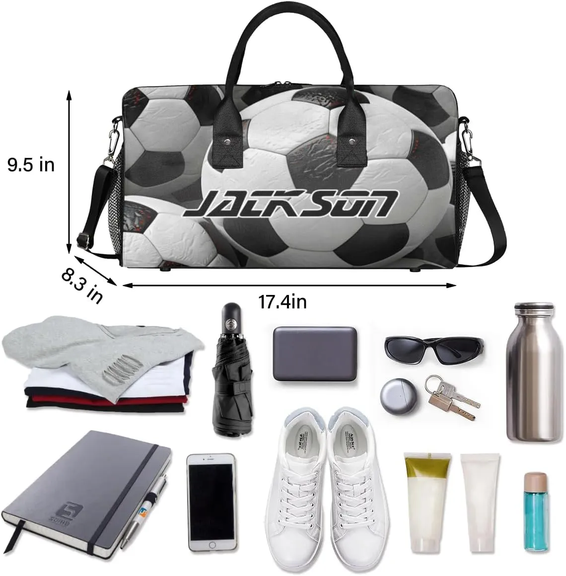 TropicalLife Personalized Football Black White Duffel Bag Custom Name Gym Bags Carry On Travel Bag Weekender Overnight Bag for Women Men,
