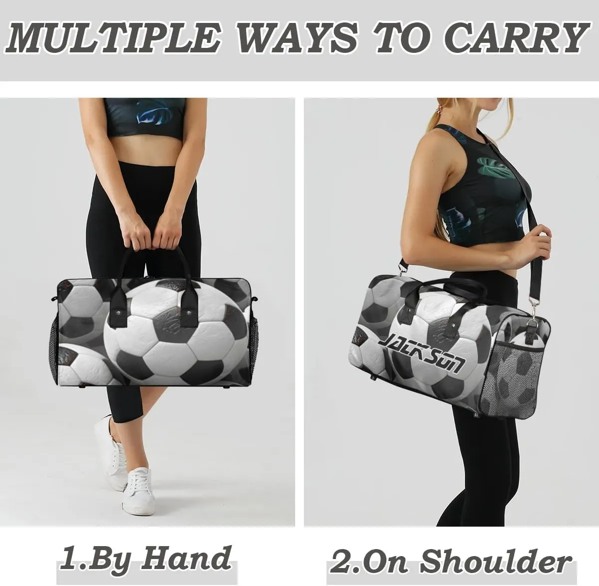 TropicalLife Personalized Football Black White Duffel Bag Custom Name Gym Bags Carry On Travel Bag Weekender Overnight Bag for Women Men,