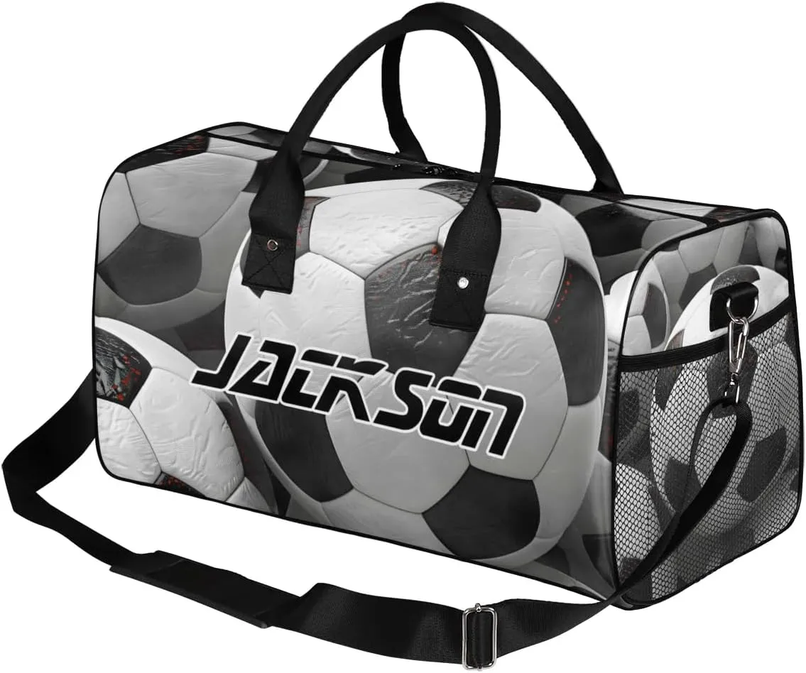 TropicalLife Personalized Football Black White Duffel Bag Custom Name Gym Bags Carry On Travel Bag Weekender Overnight Bag for Women Men,