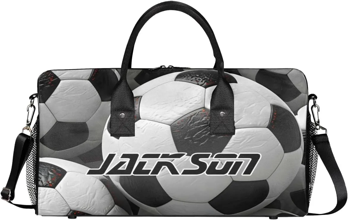 TropicalLife Personalized Football Black White Duffel Bag Custom Name Gym Bags Carry On Travel Bag Weekender Overnight Bag for Women Men,