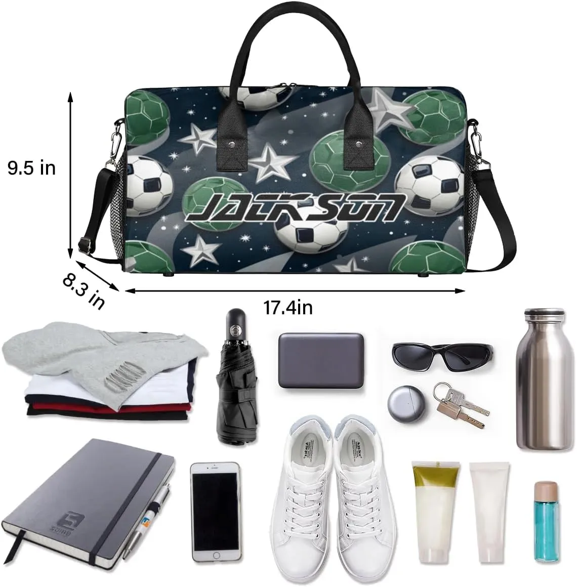 TropicalLife Personalized Green Football Stars Duffel Bag Custom Name Gym Bags Carry On Travel Bag Weekender Overnight Bag for Women Men,