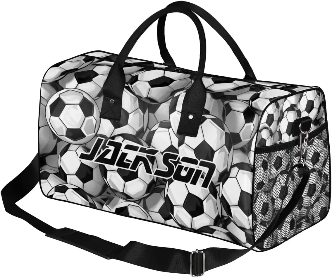 TropicalLife Personalized Soccer Duffel Bag Custom Name Gym Bags Carry On Travel Bag Weekender Overnight Bag for Women Men, Black White Ball