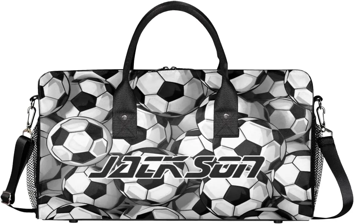 TropicalLife Personalized Soccer Duffel Bag Custom Name Gym Bags Carry On Travel Bag Weekender Overnight Bag for Women Men, Black White Ball
