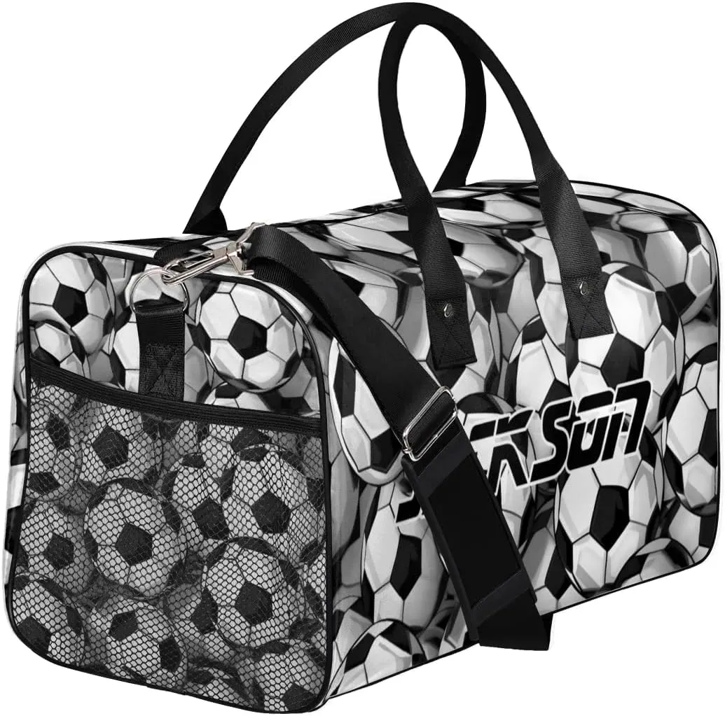 TropicalLife Personalized Soccer Duffel Bag Custom Name Gym Bags Carry On Travel Bag Weekender Overnight Bag for Women Men, Black White Ball