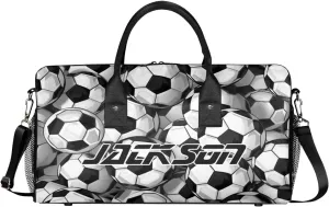 TropicalLife Personalized Soccer Duffel Bag Custom Name Gym Bags Carry On Travel Bag Weekender Overnight Bag for Women Men, Black White Ball
