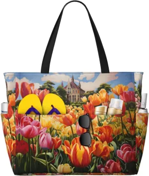 Tulip Garden Beach Tote Bag For Women Beach Bag Waterproof And Sandproof Tote Bag Large Travel Bag