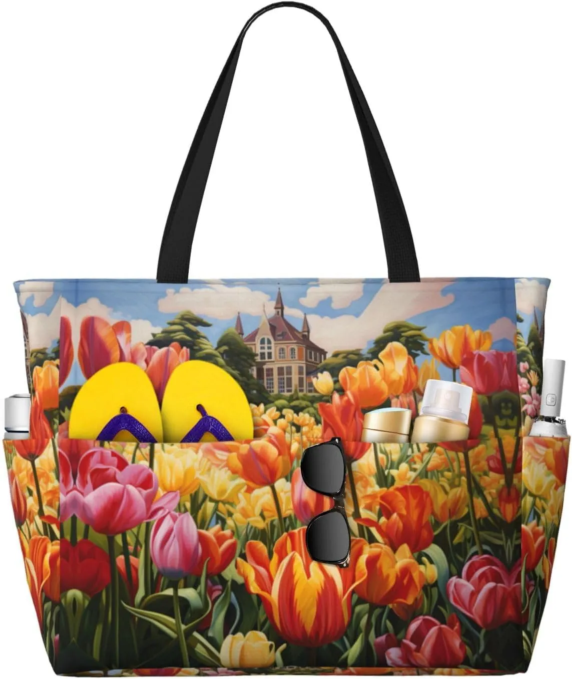 Tulip Garden Beach Tote Bag For Women Beach Bag Waterproof And Sandproof Tote Bag Large Travel Bag