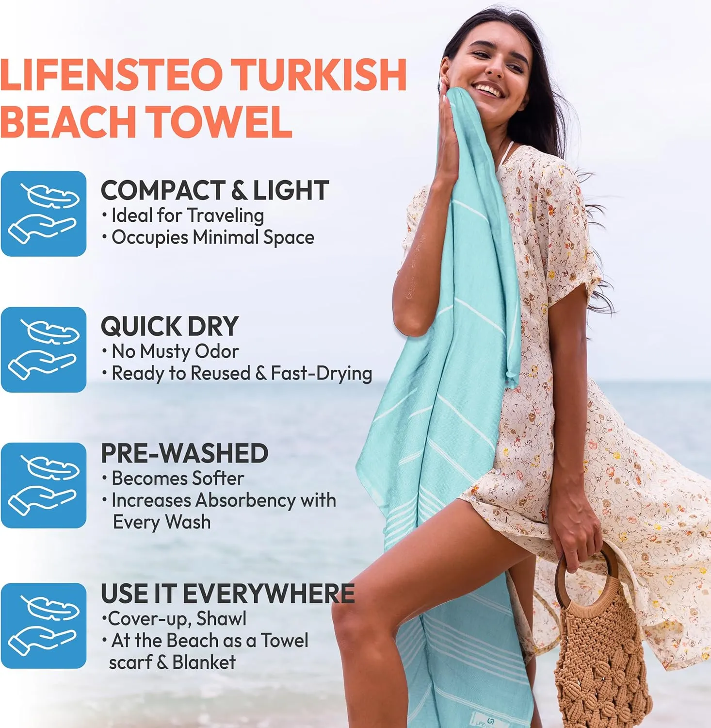 Turkish Beach Towel - 40x71 inch Oversized Sand Resistant Prewashed Turkish Towel - 100% Turkish Cotton Quick Drying, Compact, Lightweight Turkish Towel for Beach, Bath, Pool, Gym, Yoga.